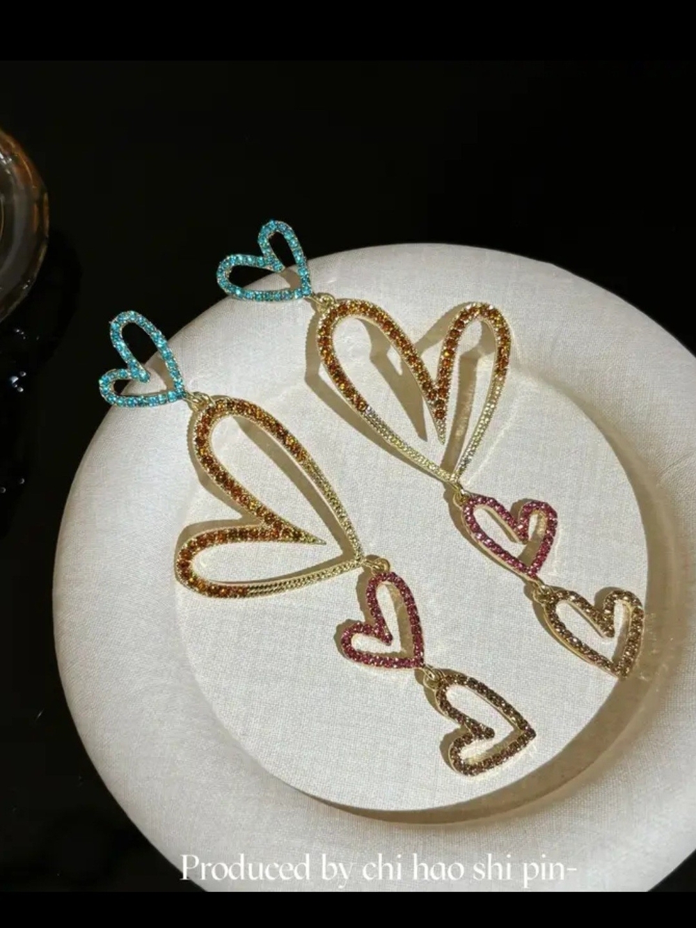 Gold Multi-Heart Drop Earrings with Blue, Pink and Brown Crystals